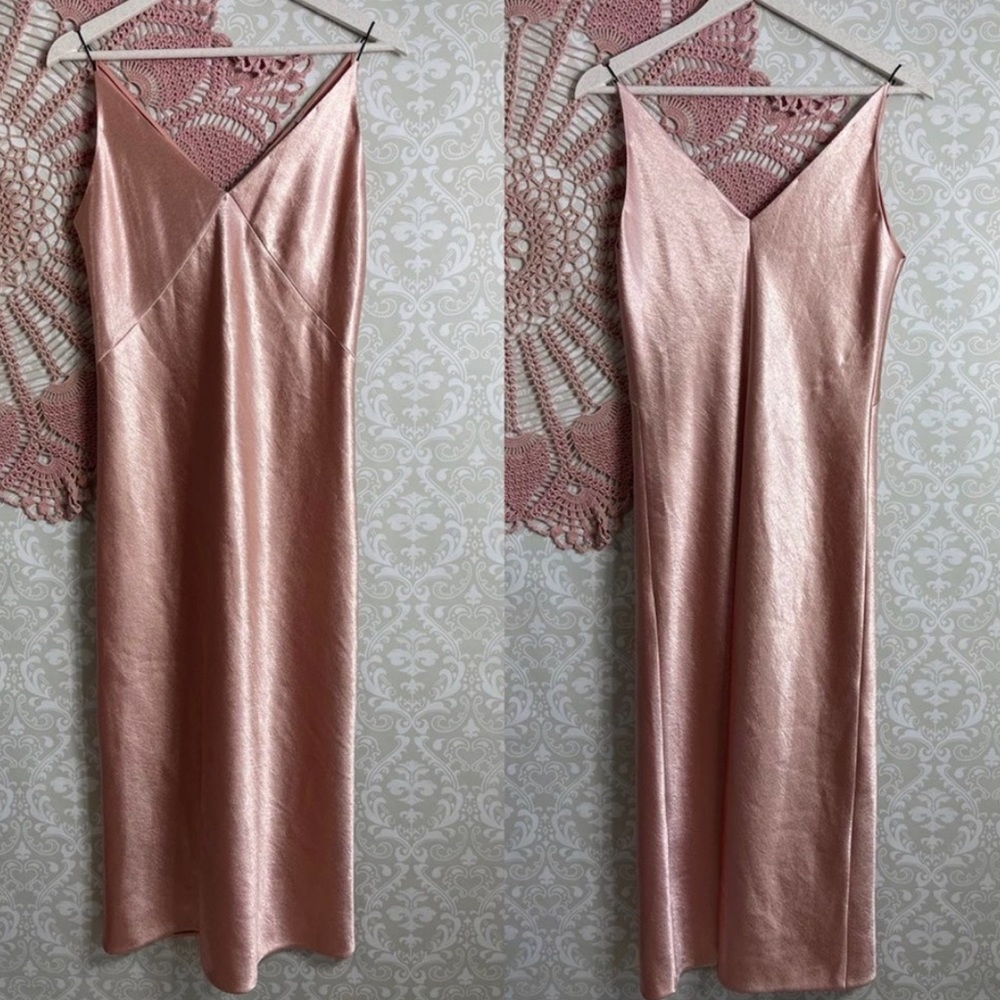 Vince V-Neck Bias Satin Midi Slip Dress Metallic Blush Pink S NWT